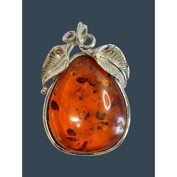 Vintage Amber Pendant With Chromium Silver Leaf Design 2" - Picture 1 of 5